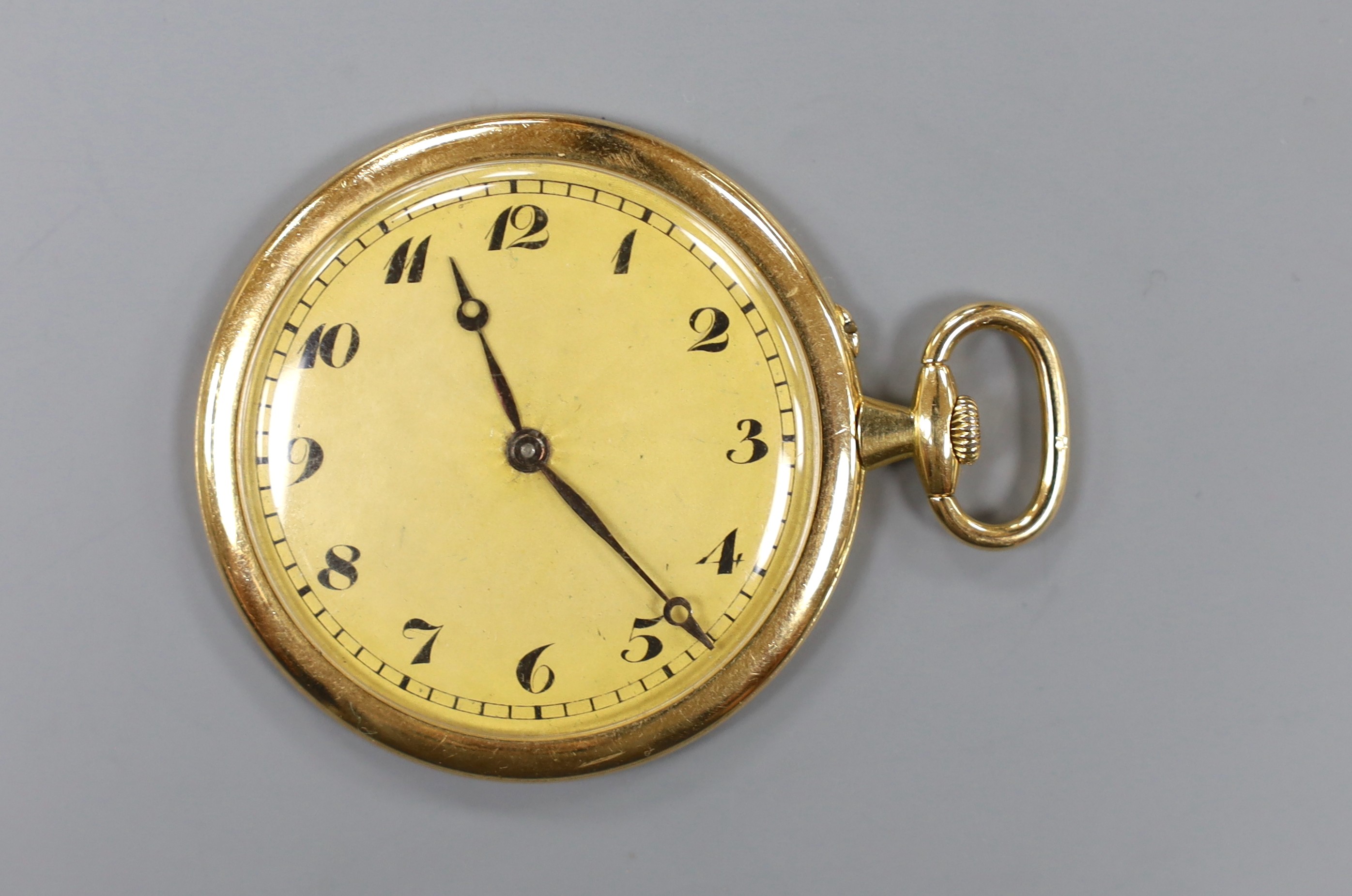 A continental yellow metal open faced dress pocket watch, case diameter 45mm, gross weight 45.8 grams.